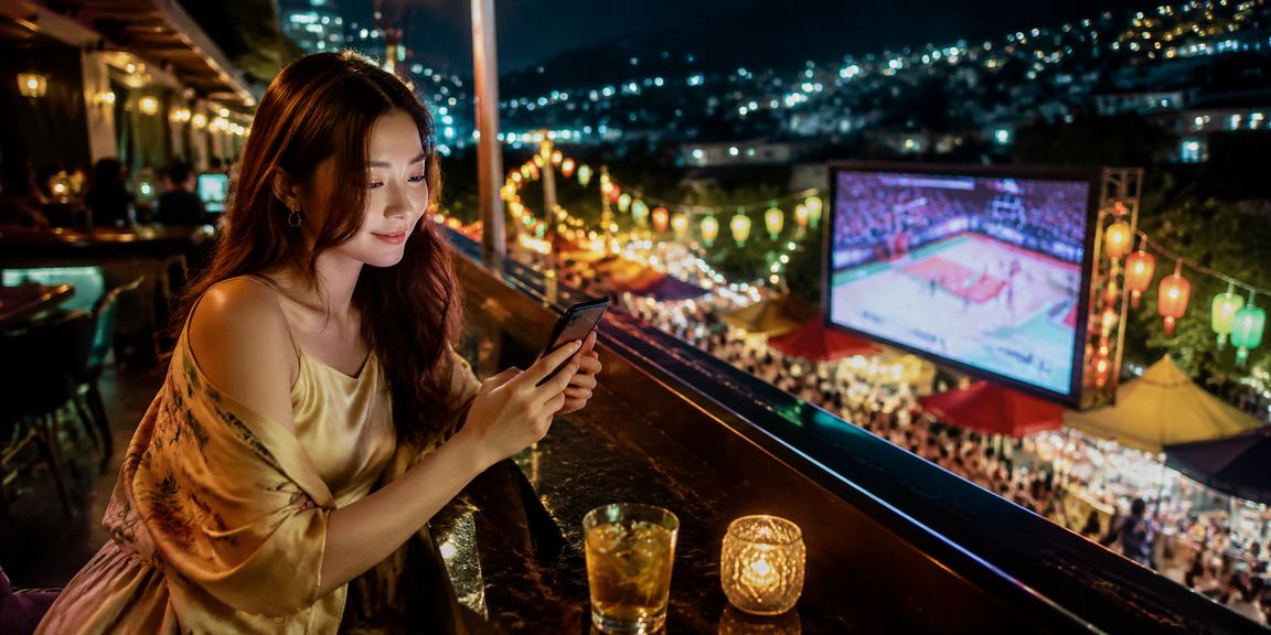 Nhóm bạn trẻ tại chợ đêm Đà Lạt xem bóng rổ và đặt cược qua ứng dụng điện thoại