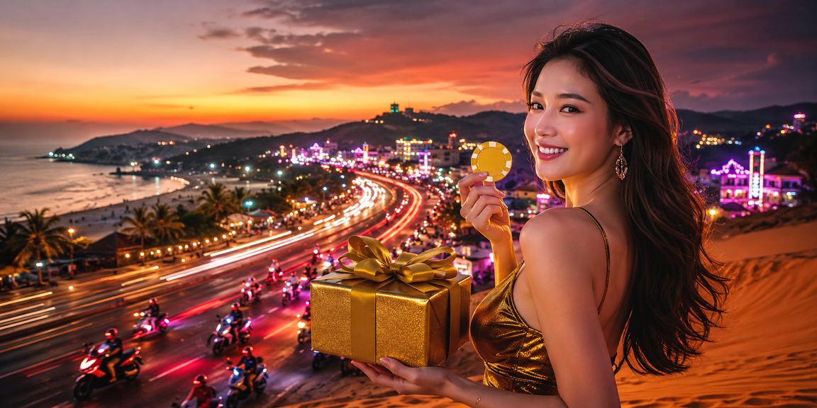 Đèn neon casino tại Mũi Né về đêm, người chơi trải nghiệm live casino và slots trực tuyến